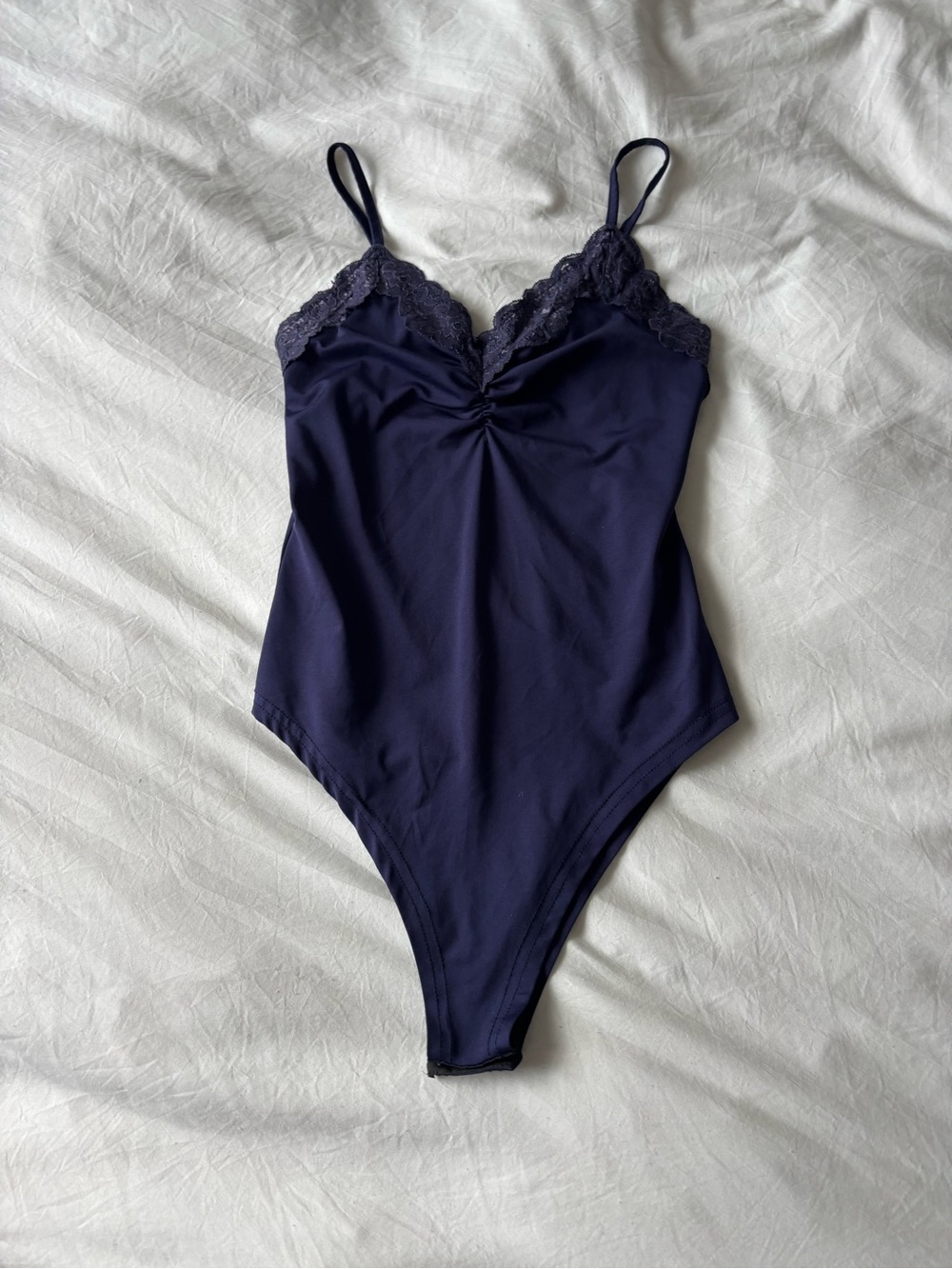 Navy Satin Look Lace Trim Bodysuit Women’s